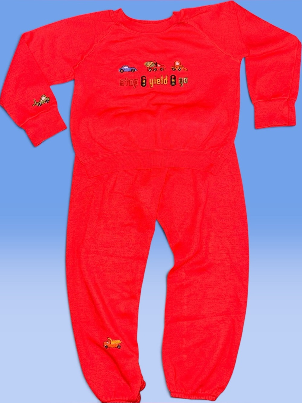 Vintage Stone Apparel 2T Red Sweatsuit Set Embroidered Vehicles "Stop Yield Go"